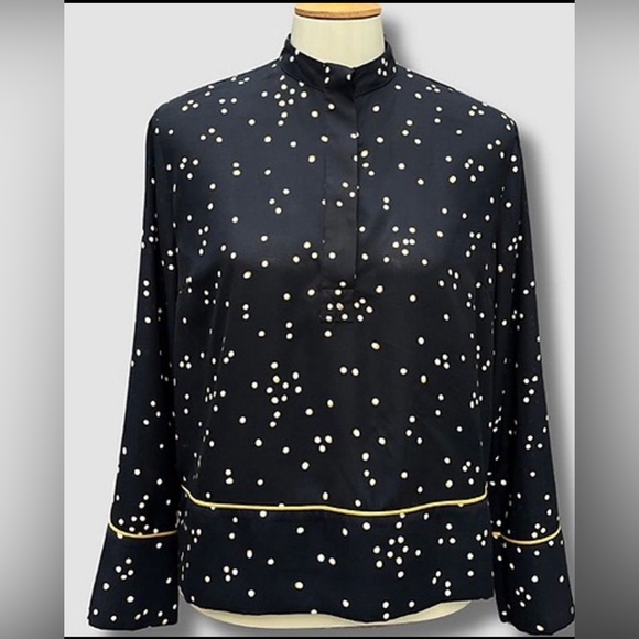 H&M women’s sz 2 Black Top Blouse w/ Gold Polka Dots - mandarin collar - Picture 1 of 9